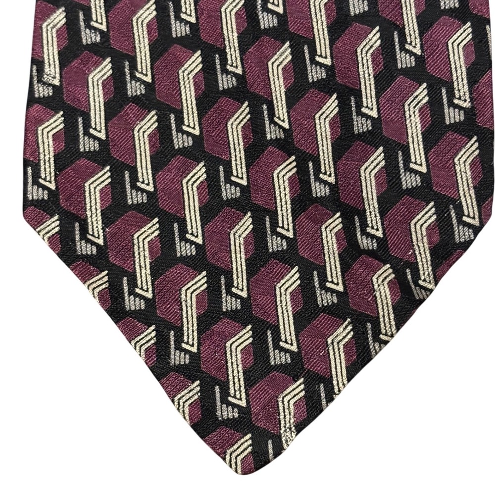 XMI Mens Silk Tie Plum Black Silver Geometric Abstract Handmade USA Italian Silk
